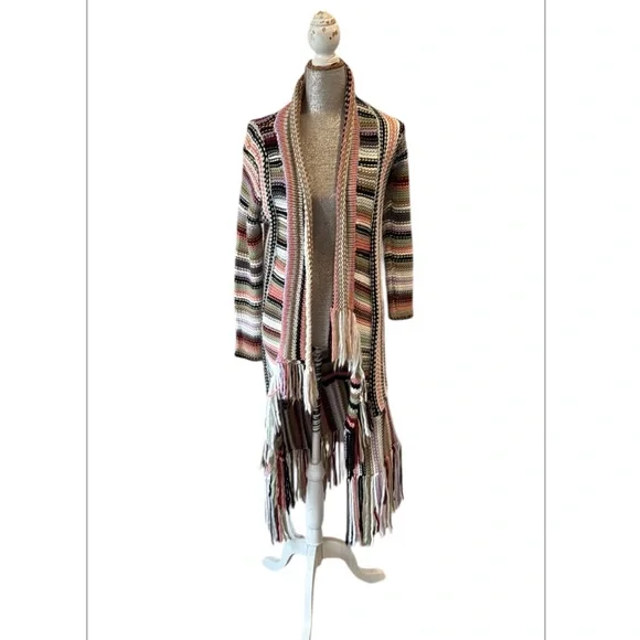 Boston Proper Fringed Ivory Multicolored Striped Open Duster Cardigan Size Small - Picture 3 of 15